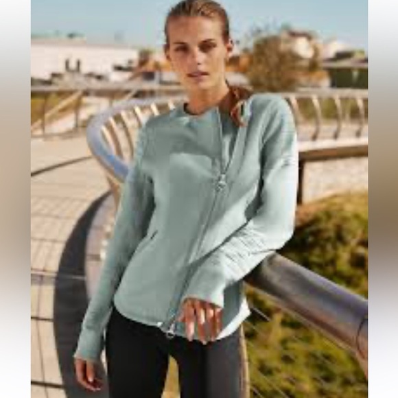 Athleta Small Tiffany Blue Work Out Moto Ribbed Jacket Zipper Front Zip Pockets - Picture 1 of 16
